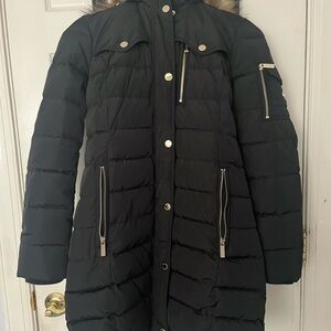 MICHAEL Michael Kors Black Quilted Long Puffer with Faux-Fur Hood Trim